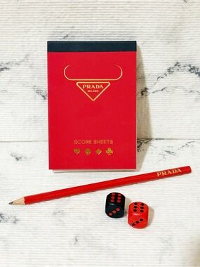 Prada Milano Red Score Sheets Notepad with Red Prada Pencil, Red & Black Dice